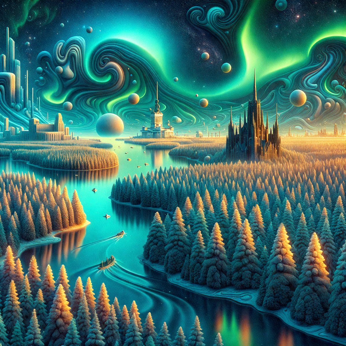 The primary subject of the image is a beautifully illustrated scene of a boat traveling through a serene river surrounded by a lush forest. The setting is a picturesque landscape with a blue river, a boat, and a variety of trees. The visual style is a combination of digital art and illustration, creating a vibrant and captivating atmosphere. The colors and mood of the image are predominantly blue and green, evoking a sense of tranquility and natural beauty.